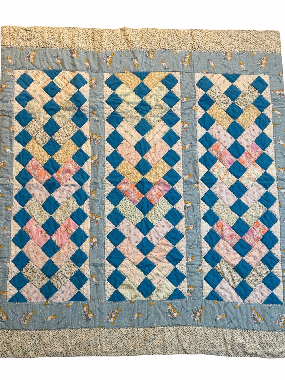 Vintage Handmade Patchwork Quilt 56x50 Blue Floral Woven Lattice Calico Throw